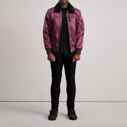 
Close-Up Detail of Removable faux fur collar & Zipper Hardware on Clyde B-15 Maroon Bomber Jacket