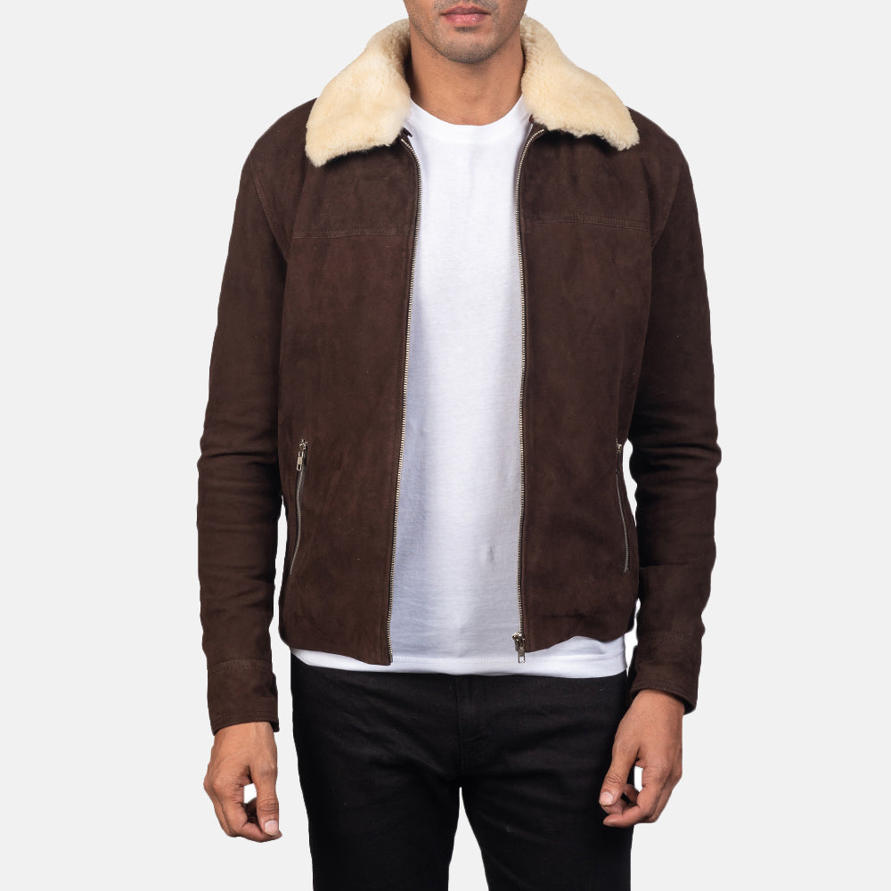 Men's Coffner Brown Shearling Fur Jacket in Distressed Brown Goatskin Suede - Front Profile View &amp; Tailored Silhouette | Buy Online