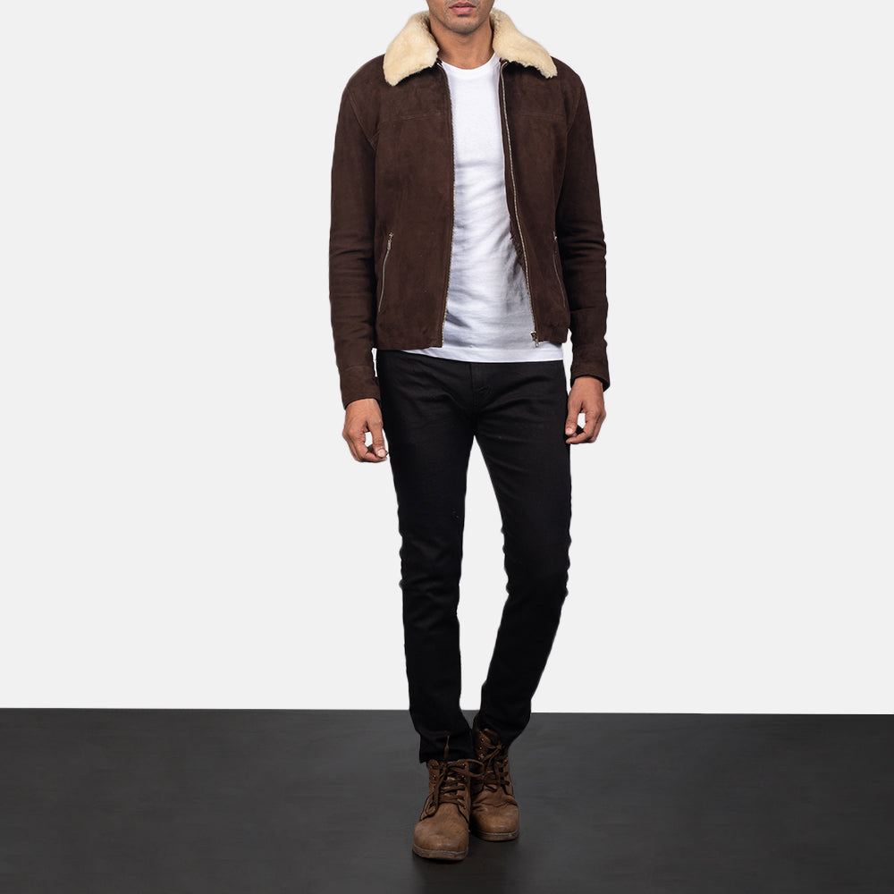 Men's Coffner Brown Shearling Fur Jacket - Lateral Side Profile View Showing Sleeve Cut &amp; Athletic Taper Fit