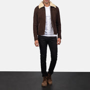 Men's Coffner Brown Shearling Fur Jacket - Lateral Side Profile View Showing Sleeve Cut &amp; Athletic Taper Fit