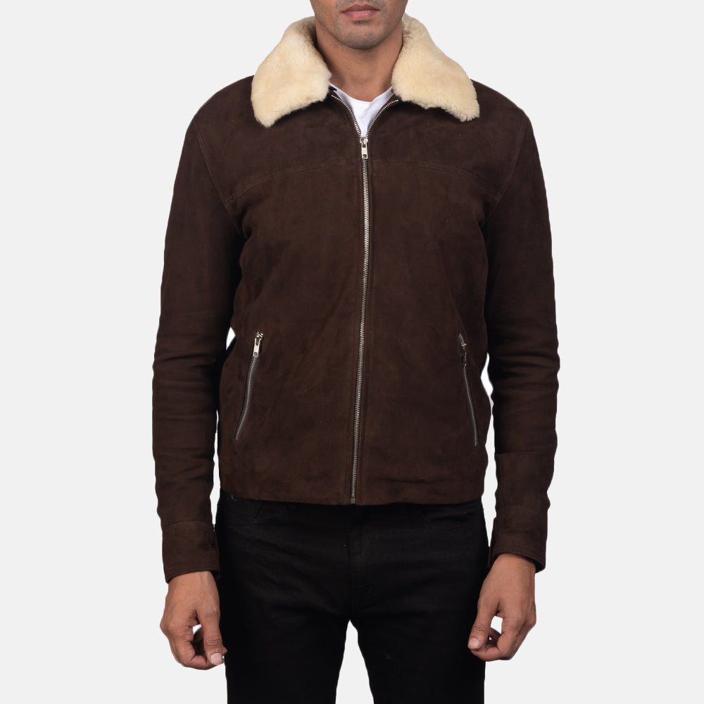 Close-Up Detail of Shirt with Removable Fur Collar &amp; Zipper Hardware on Men's Coffner Brown Shearling Fur Jacket