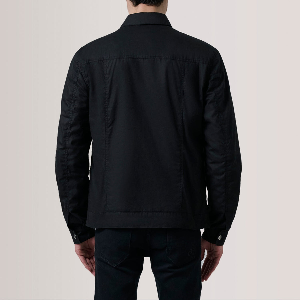 
Close-Up Detail of Classic Collar & Snap Button Hardware on Colberto Black Waxed Canvas Trucker Jacket For Men