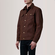 Colberto Brown Waxed Canvas Trucker Jacket For Men - Lateral Side Profile View Showing Sleeve Cut &amp; Athletic Taper Fit