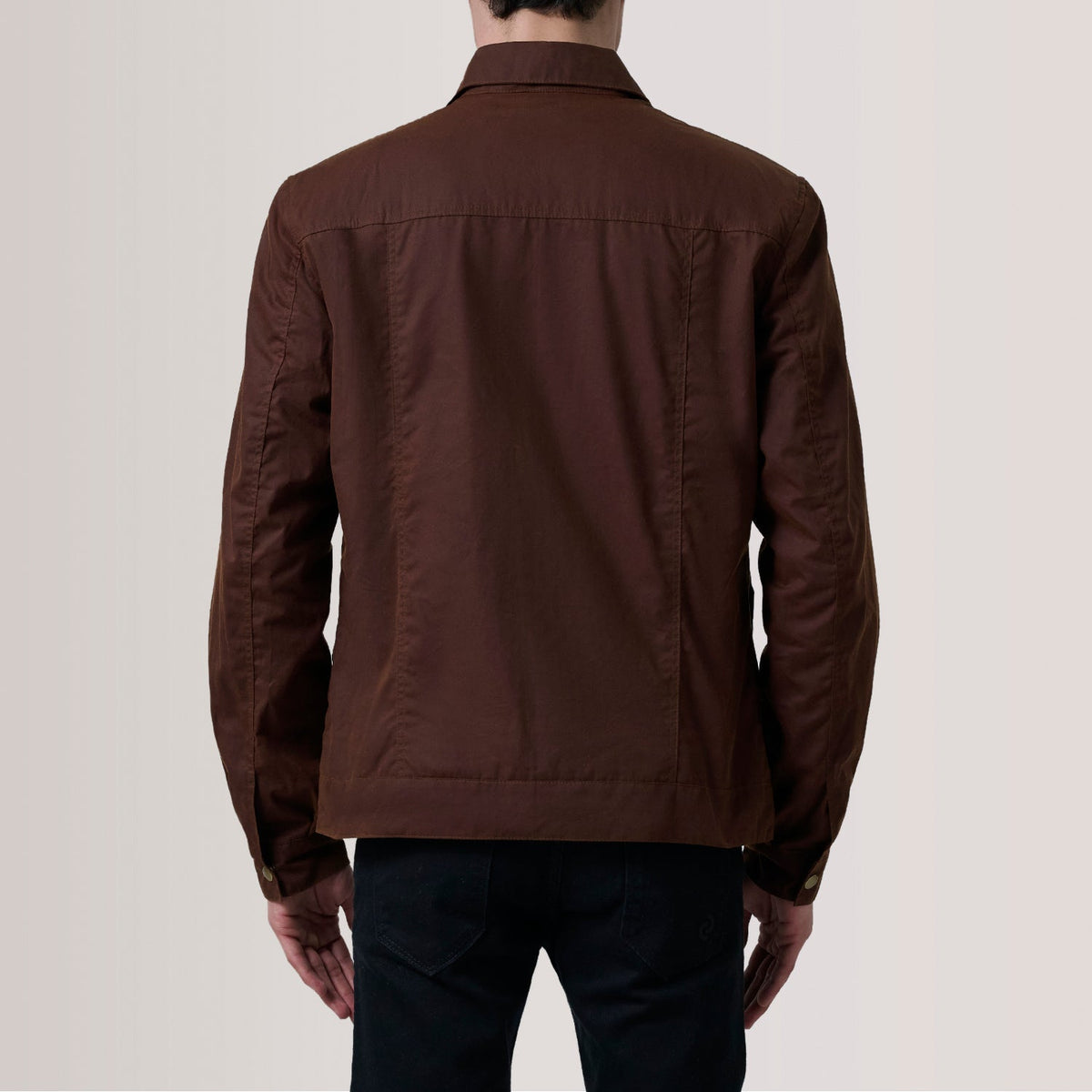 Close-Up Detail of Classic Collar &amp; Snap Button Hardware on Colberto Brown Waxed Canvas Trucker Jacket For Men