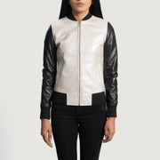 Women's Cole Silver Leather Bomber Jacket in Silver &amp; Black Sheepskin Leather - Front Profile View &amp; Tailored Silhouette | Buy Online