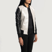 Silver &amp; Black Sheepskin Leather Bomber Jacket - Back View Showing Tailored Shoulder Fit &amp; Clean Hemline