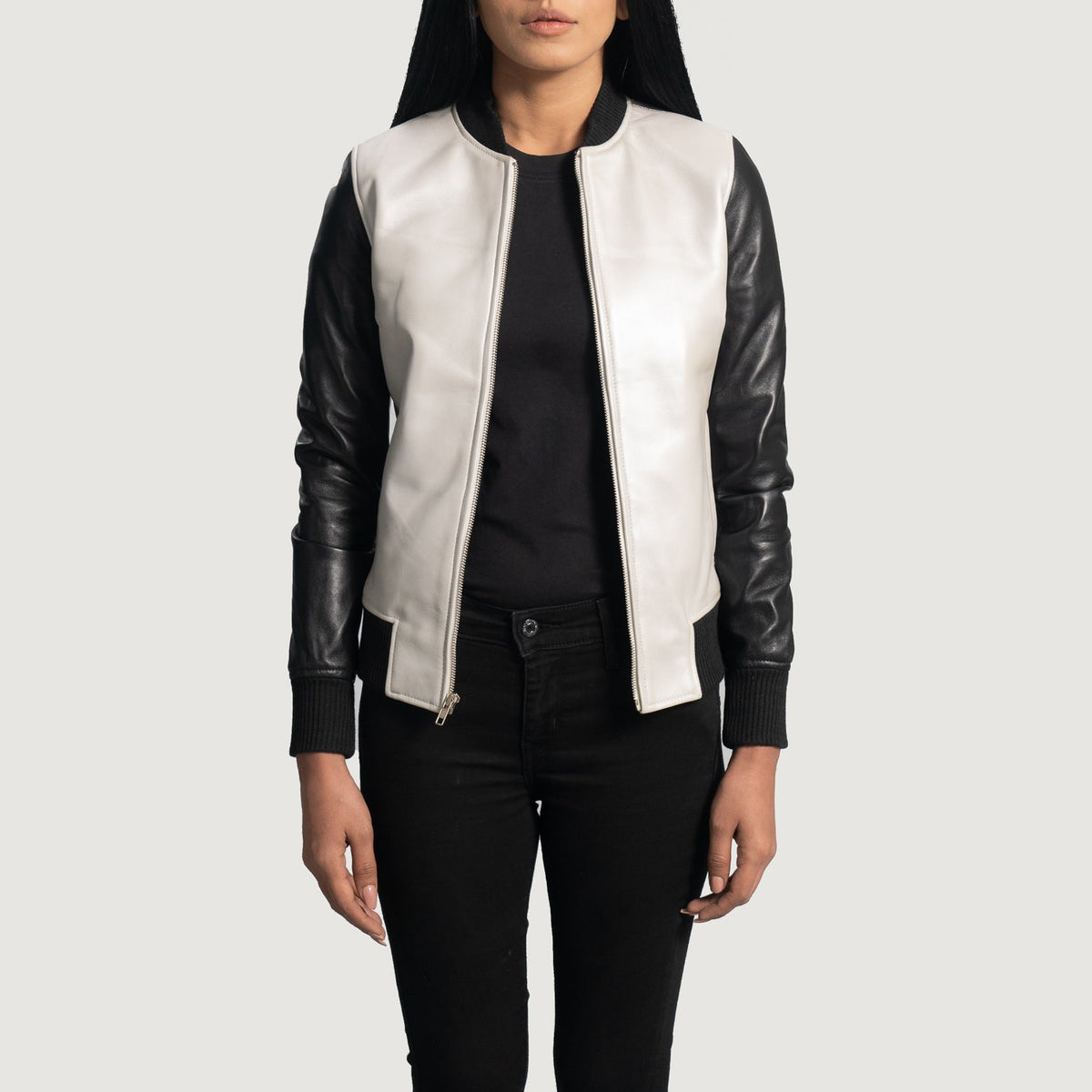 Women's Cole Silver Leather Bomber Jacket - Lateral Side Profile View Showing Sleeve Cut &amp; Athletic Taper Fit