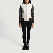 Close-Up Detail of Varsity &amp; Zipper Hardware on Women's Cole Silver Leather Bomber Jacket