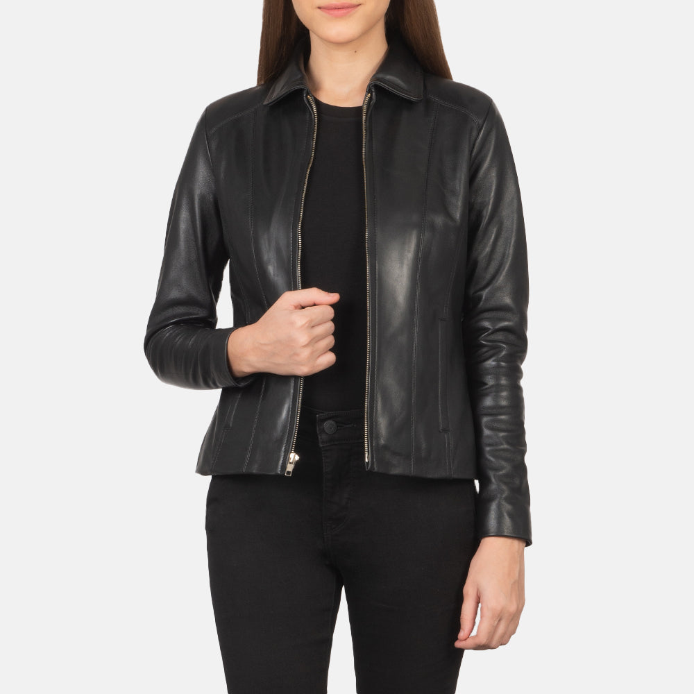 Women Colette Black Leather Jacket in Black Sheepskin Leather - Front Profile View &amp; Tailored Silhouette | Buy Online