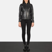 Close-Up Detail of Shirt &amp; Zipper Hardware on Women Colette Black Leather Jacket