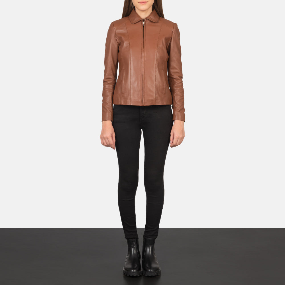 Women Colette Brown Leather Jacket - Lateral Side Profile View Showing Sleeve Cut &amp; Athletic Taper Fit