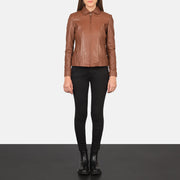 Women Colette Brown Leather Jacket - Lateral Side Profile View Showing Sleeve Cut &amp; Athletic Taper Fit