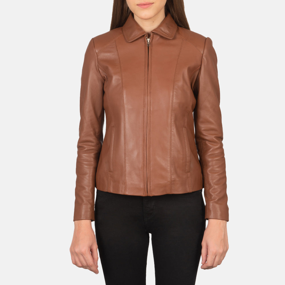 Close-Up Detail of Shirt &amp; Zipper Hardware on Women Colette Brown Leather Jacket