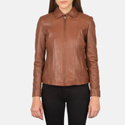 Close-Up Detail of Shirt &amp; Zipper Hardware on Women Colette Brown Leather Jacket
