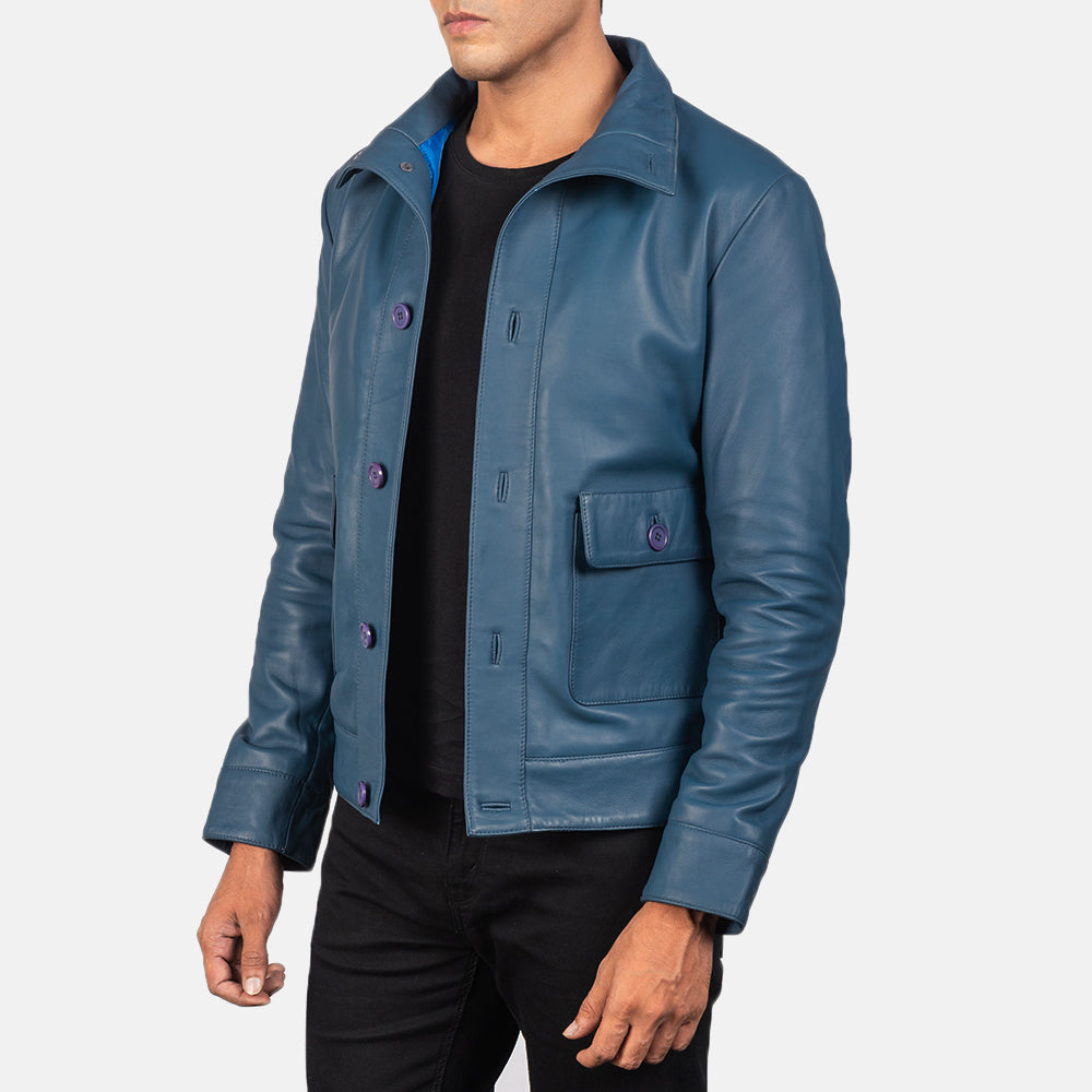 Styled Fit Perspective of Norman Black Hooded Bomber Leather Puffer Jacket on Model - Natural Daylight Drape
