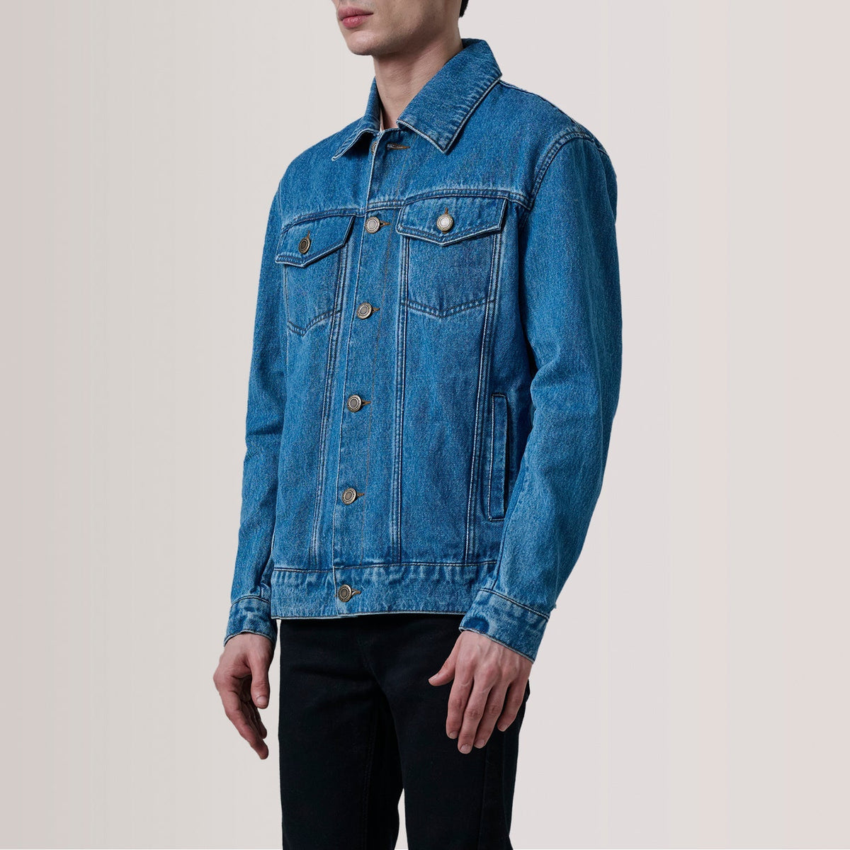 Conard Blue Denim Trucker Jacket For Men - Lateral Side Profile View Showing Sleeve Cut &amp; Athletic Taper Fit