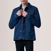 Conard Dark Blue Denim Trucker Jacket For Men in Dark Blue Full-Grain Leather - Front Profile View &amp; Tailored Silhouette | Buy Online