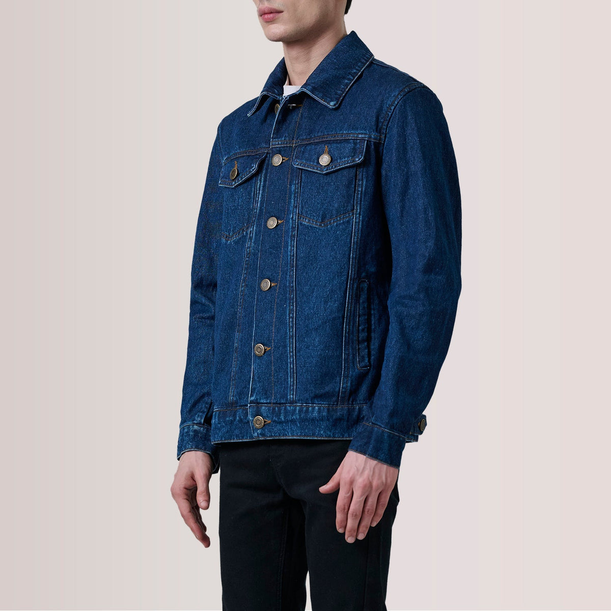 Conard Dark Blue Denim Trucker Jacket For Men - Lateral Side Profile View Showing Sleeve Cut &amp; Athletic Taper Fit