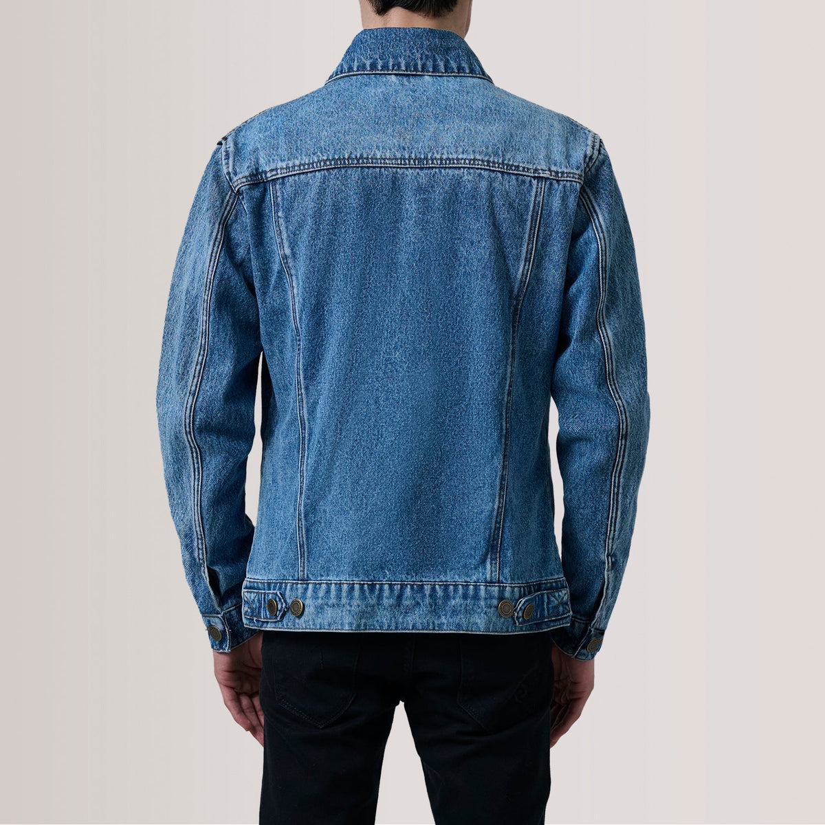 Close-Up Detail of Classic Collar &amp; Heavy-Duty Zipper Hardware on Conard Ice Blue Denim Trucker Jacket For Men
