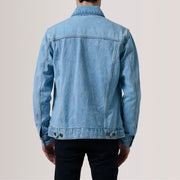 Close-Up Detail of Classic Collar &amp; Heavy-Duty Zipper Hardware on Conard Light Blue Denim Trucker Jacket For Men