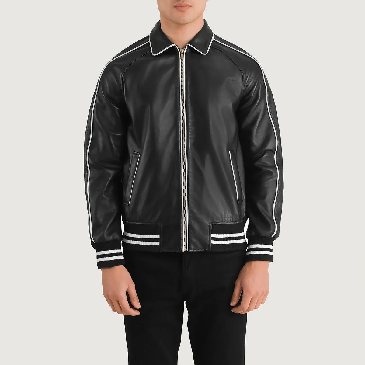 Close-Up Detail of Shirt collar &amp; Zipper Hardware on Cooper Black Leather Varsity Jacket