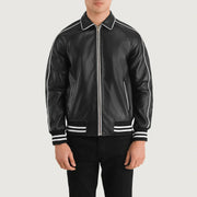 Close-Up Detail of Shirt collar &amp; Zipper Hardware on Cooper Black Leather Varsity Jacket