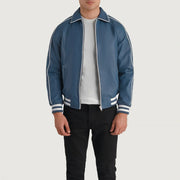 Cooper Blue Leather Varsity Jacket in Blue Sheepskin Leather - Front Profile View &amp; Tailored Silhouette | Buy Online