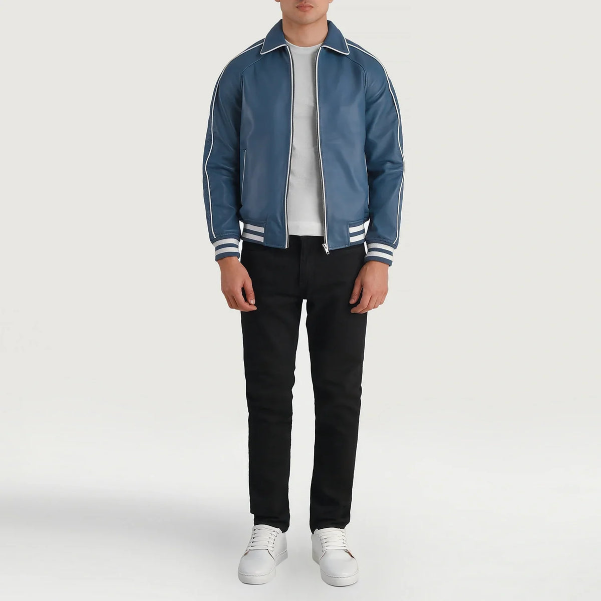 Cooper Blue Leather Varsity Jacket - Lateral Side Profile View Showing Sleeve Cut &amp; Athletic Taper Fit