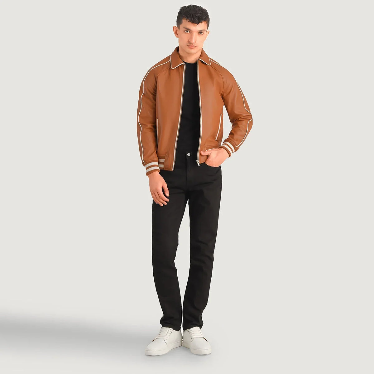 Cooper Tan Brown Leather Varsity Jacket in Tan Brown Sheepskin Leather - Front Profile View &amp; Tailored Silhouette | Buy Online