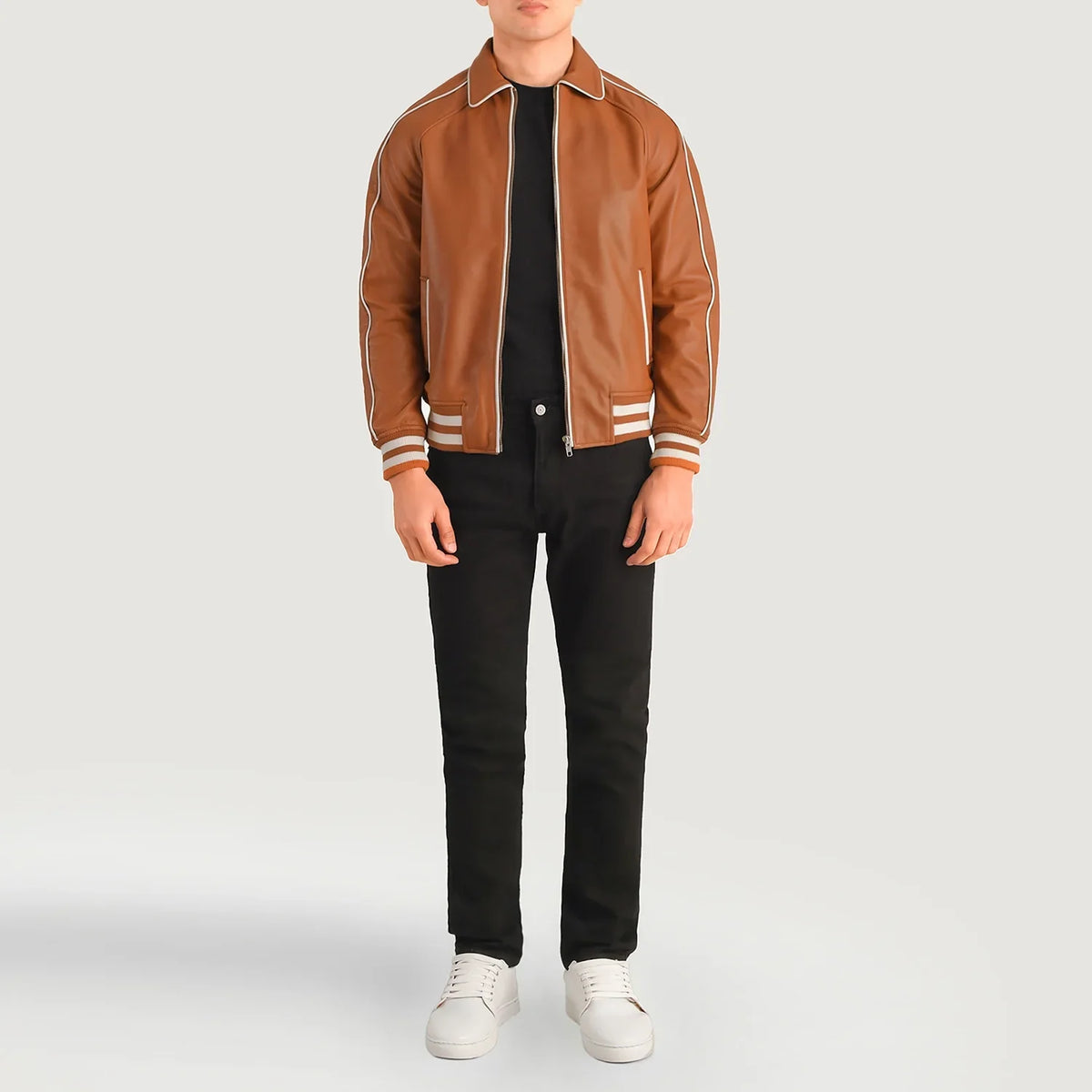 Cooper Tan Brown Leather Varsity Jacket - Lateral Side Profile View Showing Sleeve Cut &amp; Athletic Taper Fit