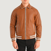 Close-Up Detail of Shirt collar &amp; Zipper Hardware on Cooper Tan Brown Leather Varsity Jacket