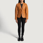 
Women's Cora Quilted Brown Leather Blazer - Lateral Side Profile View Showing Sleeve Cut & Athletic Taper Fit