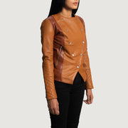 Tan Brown Sheepskin Leather Biker Jacket - Back View Showing Tailored Shoulder Fit &amp; Clean Hemline