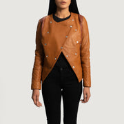 Women's County Tan Overlap Leather Jacket - Lateral Side Profile View Showing Sleeve Cut &amp; Athletic Taper Fit