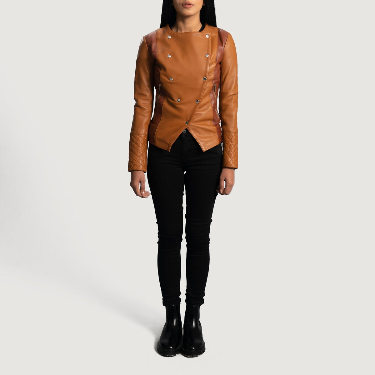 Close-Up Detail of Classic Collar &amp; Button Hardware on Women's County Tan Overlap Leather Jacket