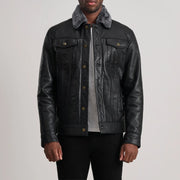 Dallis Black Leather Shearling Trucker Jacket in Black Sheepskin Leather - Front Profile View &amp; Tailored Silhouette | Buy Online