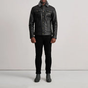 Dallis Black Leather Shearling Trucker Jacket - Lateral Side Profile View Showing Sleeve Cut &amp; Athletic Taper Fit