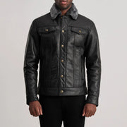 Close-Up Detail of Classic Collar &amp; Button Hardware on Dallis Black Leather Shearling Trucker Jacket