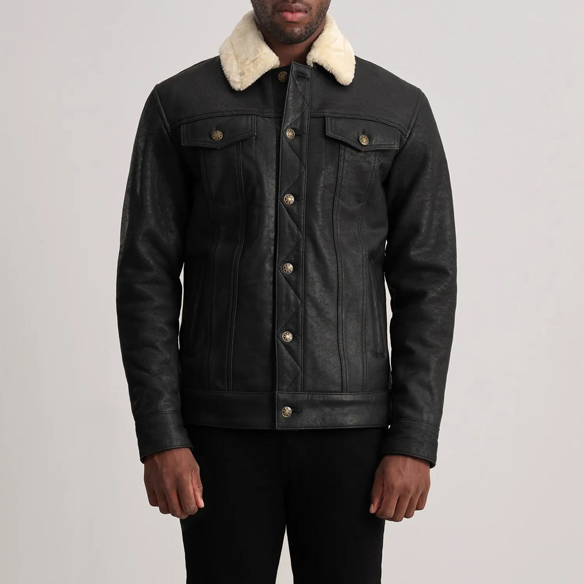Dallis Tumbled Black Shearling Trucker Jacket in Distressed Black Sheepskin Snuffed - Front Profile View &amp; Tailored Silhouette | Buy Online