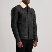 Distressed Black Sheepskin Snuffed Aviator Jacket - Back View Showing Tailored Shoulder Fit &amp; Clean Hemline