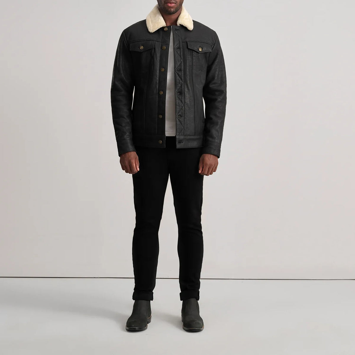 Dallis Tumbled Black Shearling Trucker Jacket - Lateral Side Profile View Showing Sleeve Cut &amp; Athletic Taper Fit