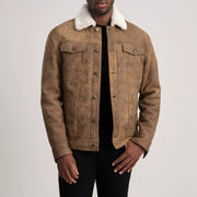
Dallis Snuffed Brown Shearling Trucker Jacket in Distressed Brown Sheepskin Snuffed - Front Profile View & Tailored Silhouette | Buy Online