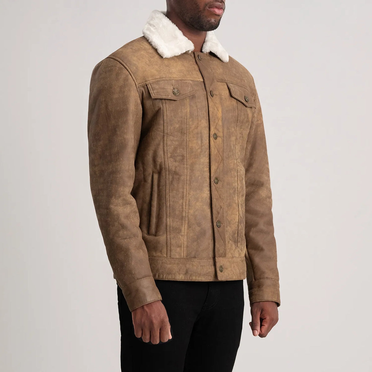 
Distressed Brown Sheepskin Snuffed Aviator Jacket - Back View Showing Tailored Shoulder Fit & Clean Hemline