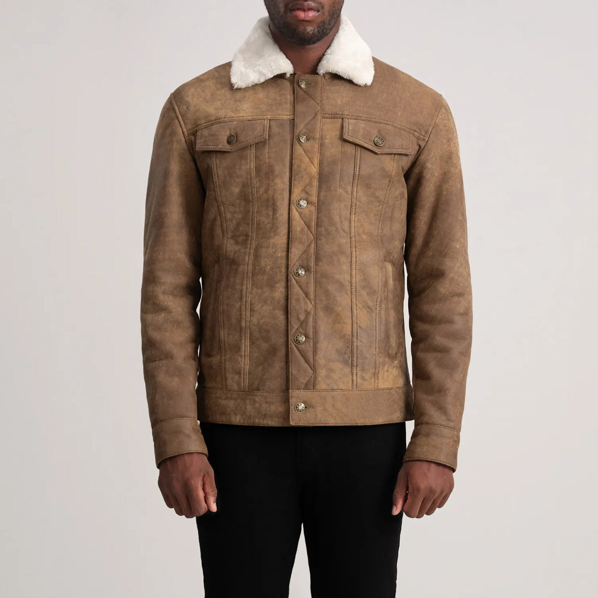 
Close-Up Detail of Classic Collar & Button Hardware on Dallis Snuffed Brown Shearling Trucker Jacket