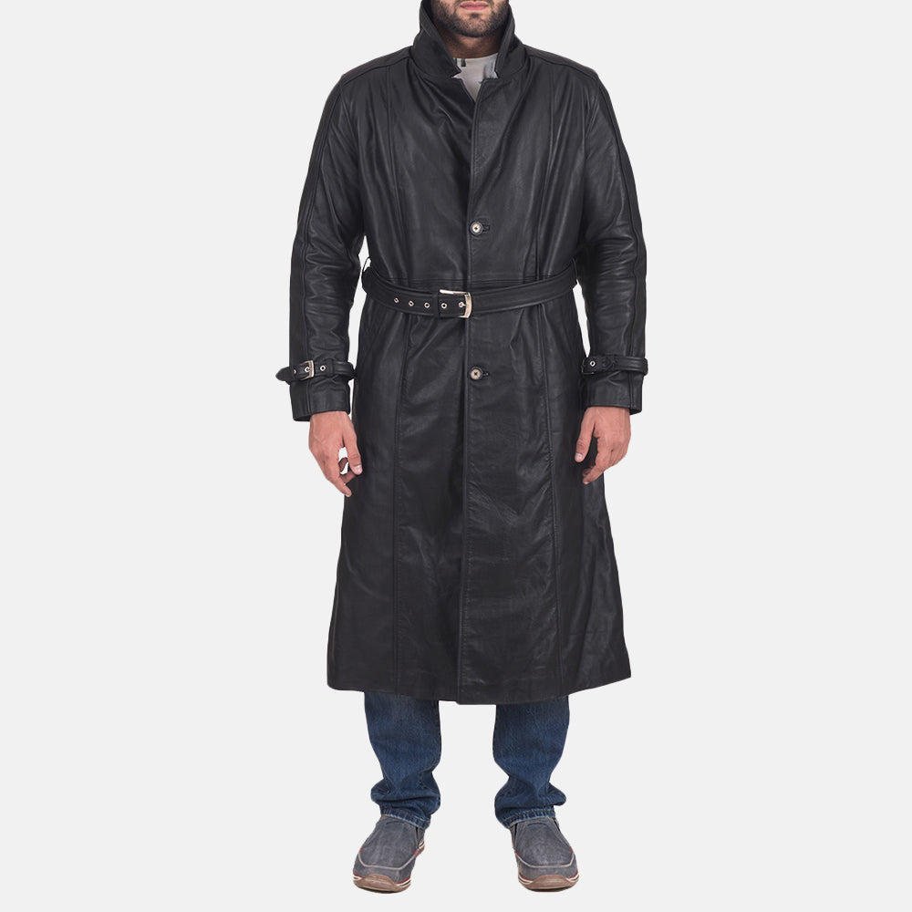 
Men's Daniel Black Leather Trench Coat in Black Cowhide Leather - Front Profile View & Tailored Silhouette | Buy Online