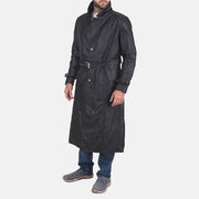 
Black Cowhide Leather Trench Coat - Back View Showing Tailored Shoulder Fit & Clean Hemline