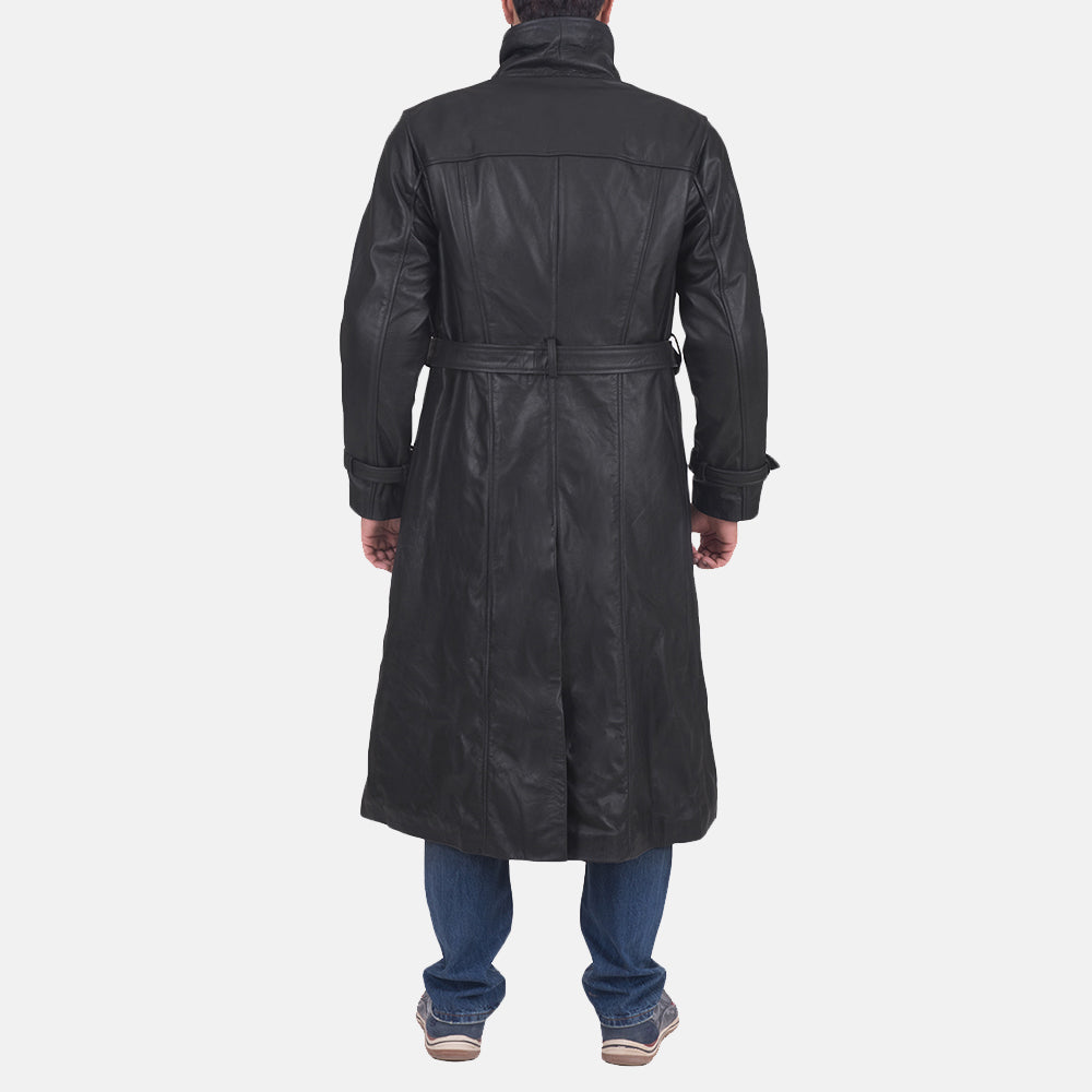 
Close-Up Detail of Classic Collar & Button & Waist belt Hardware on Men's Daniel Black Leather Trench Coat