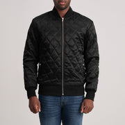 Danson Quilted Black Varsity Jacket in Black Satin - Front Profile View &amp; Tailored Silhouette | Buy Online