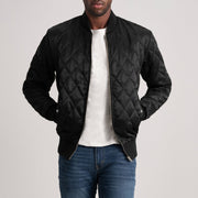 Black Satin Varsity Jacket - Back View Showing Tailored Shoulder Fit &amp; Clean Hemline