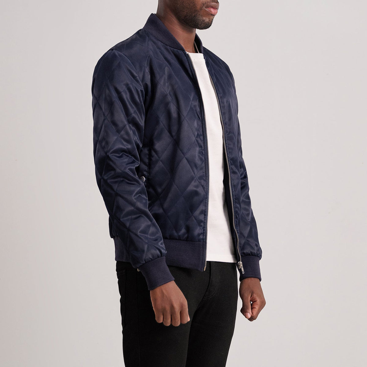 Blue Satin Varsity Jacket - Back View Showing Tailored Shoulder Fit &amp; Clean Hemline